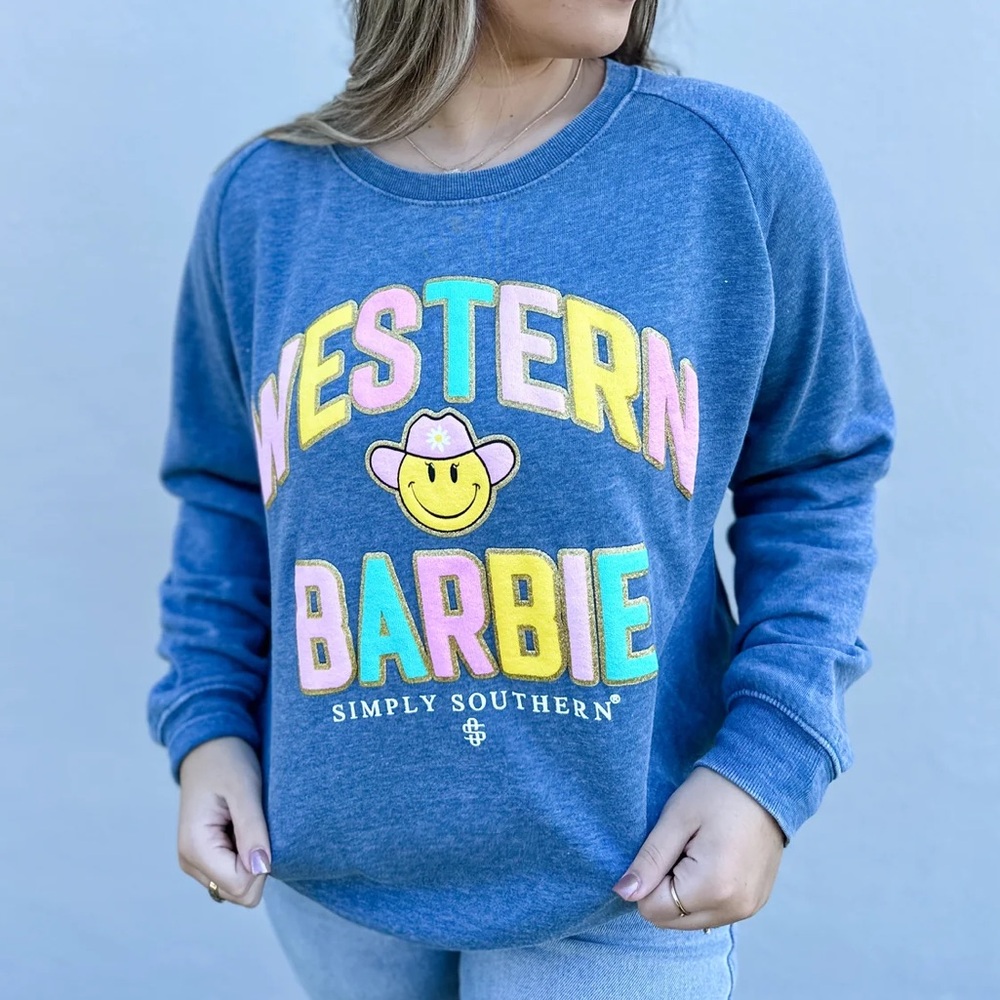 Simply Southern Western Barbie Pullover Small Crewneck Heather Blue Cowgirl Hat